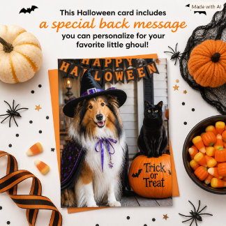 Collie Hexe und schwarze Katze Halloween für Kinde Feiertagskarte