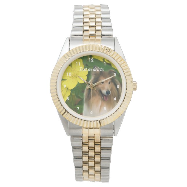 Collie Hund und gelbe Blumen Personalisiert Armbanduhr (Vorderseite)