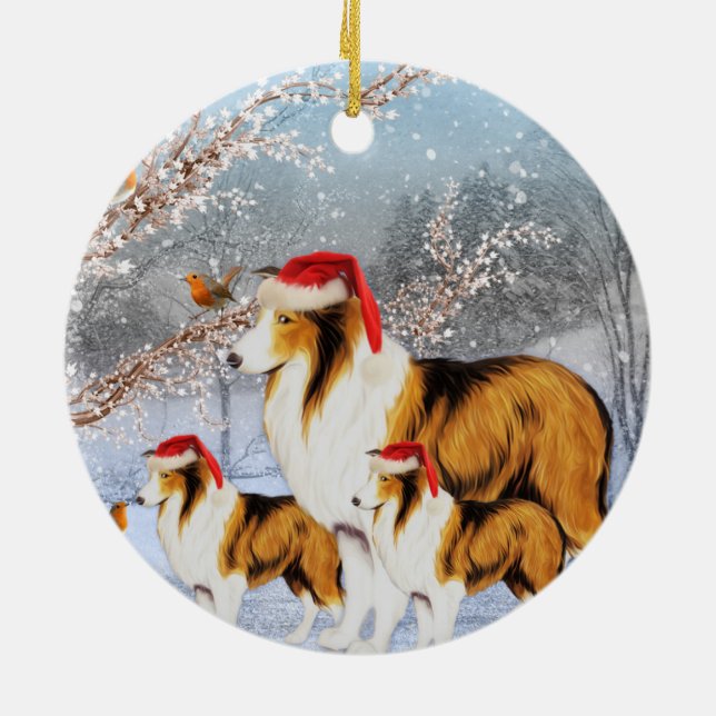 Collie-Hundewinter-Kreis-Verzierung Keramikornament (Hinten)
