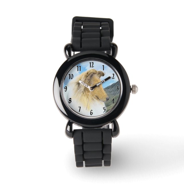Collie in Mountains (Rough) Malerei - Hunde Kunst Armbanduhr (Vorderseite)