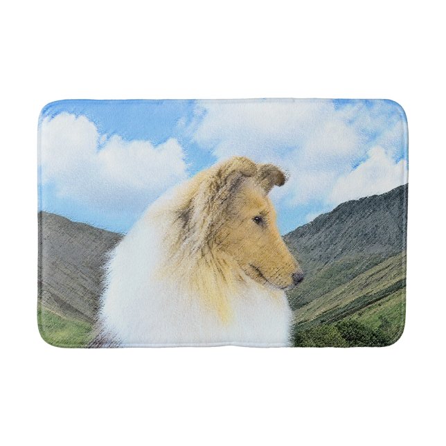 Collie in Mountains (Rough) Malerei - Hunde Kunst Badematte (Vorderseite)