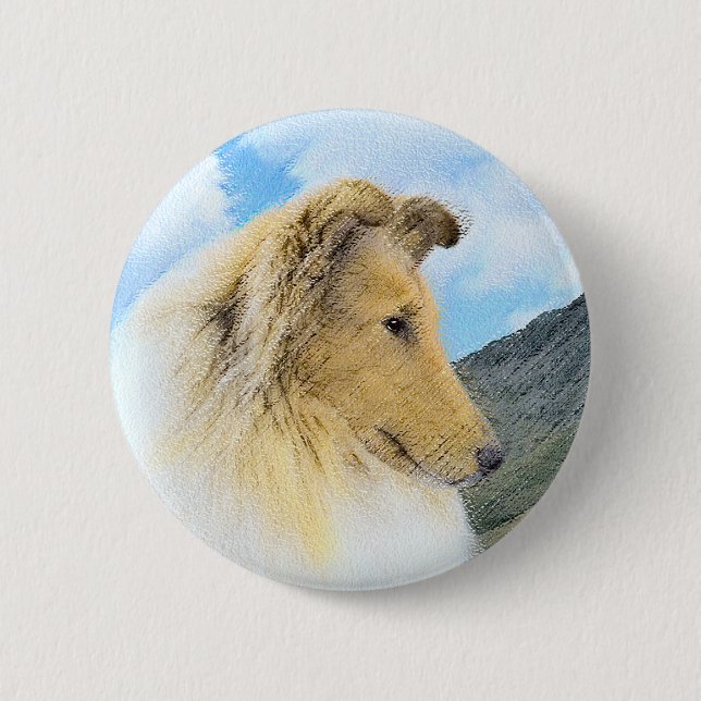 Collie in Mountains (Rough) Malerei - Hunde Kunst Button (Vorderseite)