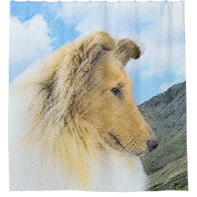 Collie in Mountains (Rough) Malerei - Hunde Kunst Duschvorhang (Vorderseite)