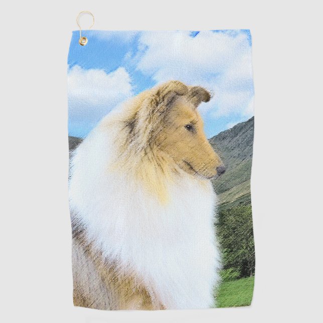 Collie in Mountains (Rough) Malerei - Hunde Kunst Golfhandtuch (Vorderseite)