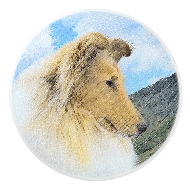 Collie in Mountains (Rough) Malerei - Hunde Kunst Keramikknauf (Vorderseite)