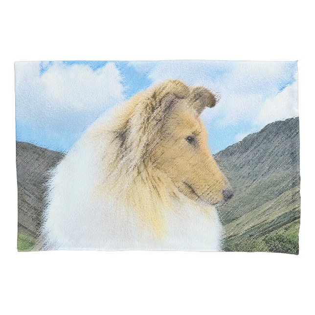 Collie in Mountains (Rough) Malerei - Hunde Kunst Kissenbezug (Vorderseite)