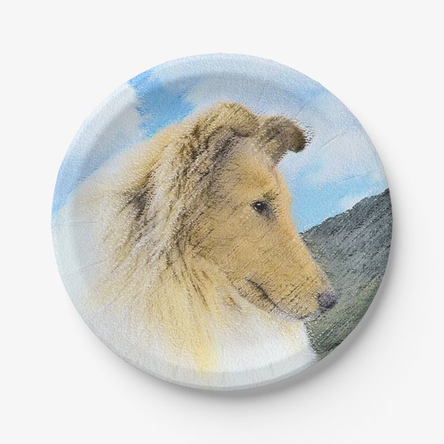 Collie in Mountains (Rough) Malerei - Hunde Kunst Pappteller (Vorderseite)