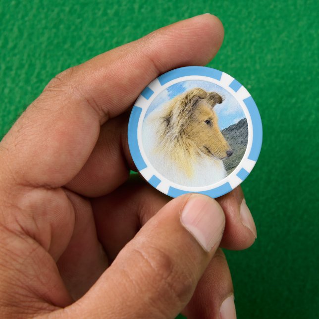 Collie in Mountains (Rough) Malerei - Hunde Kunst Pokerchips (Hand)