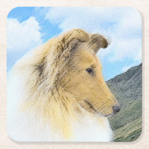 Collie in Mountains (Rough) Malerei - Hunde Kunst Rechteckiger Pappuntersetzer