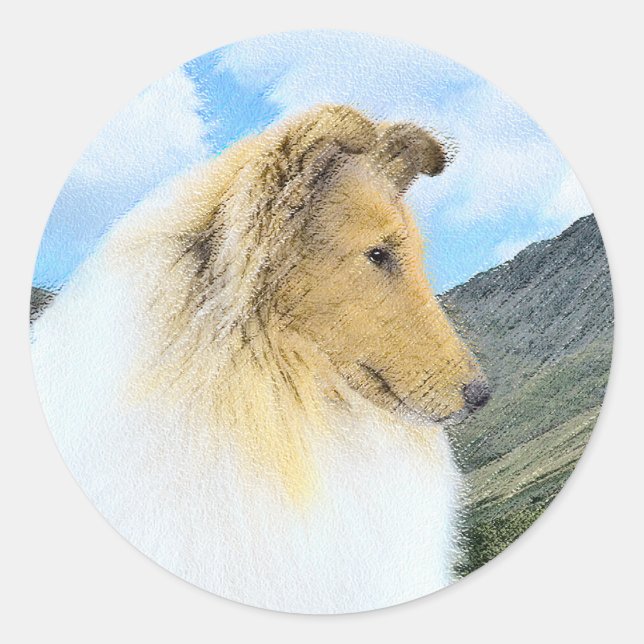 Collie in Mountains (Rough) Malerei - Hunde Kunst Runder Aufkleber (Vorderseite)