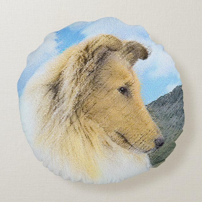 Collie in Mountains (Rough) Malerei - Hunde Kunst Rundes Kissen (Rückseite)