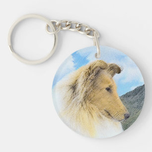 Collie in Mountains (Rough) Malerei - Hunde Kunst Schlüsselanhänger