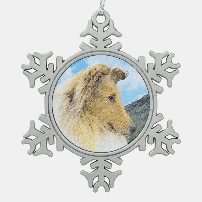 Collie in Mountains (Rough) Malerei - Hunde Kunst Schneeflocken Zinn-Ornament (Vorderseite)