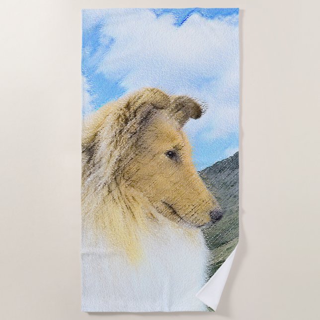 Collie in Mountains (Rough) Malerei - Hunde Kunst Strandtuch (Vorderseite)