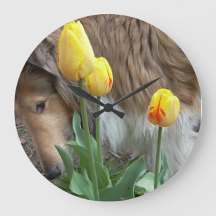 Collie N the Tulips Wall Clock Große Wanduhr