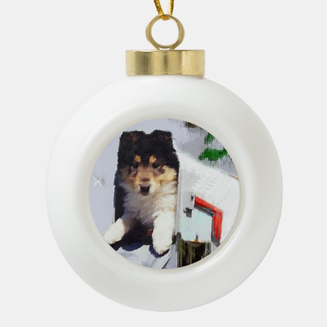 Collie Puppy Christmas Mailbox Keramik Kugel-Ornament (Vorderseite)