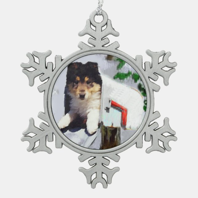 Collie Puppy Christmas Mailbox Schneeflocken Zinn-Ornament (Vorderseite)