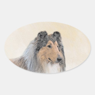 Collie (Rough) Malerei - Niedliche Original Hunde  Ovaler Aufkleber