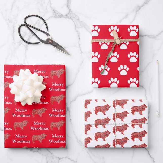 Collie Rough Niedlich Hund Silhouette Red Merofmas Geschenkpapier Set (Vorderseite)