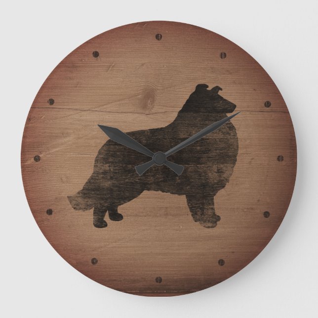 Collie Silhouette Rustikaler Stil Große Wanduhr (Vorderseite)