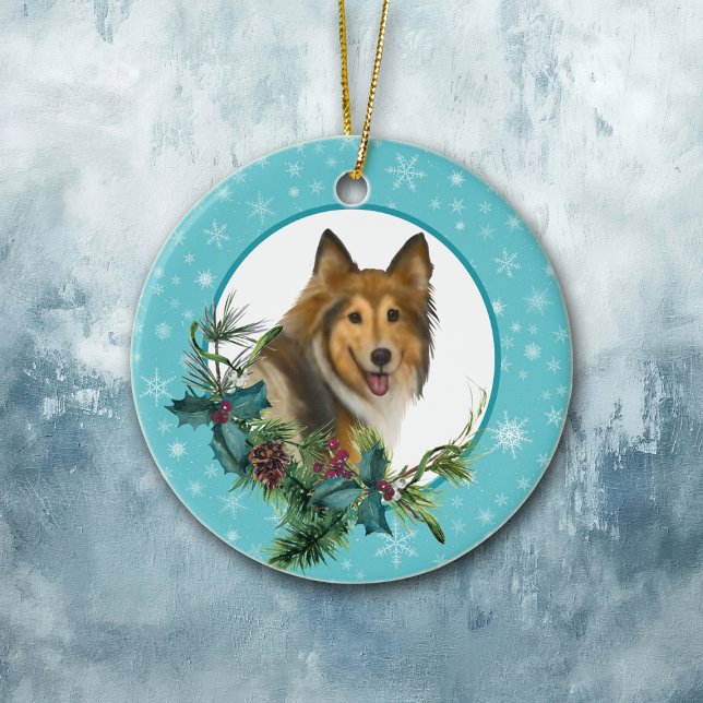 Collie Snowflake Blue Frame Holiday Bouquet Keramik Ornament (Von Creator hochgeladen)
