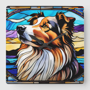 Collie Stains Glass Look Quadratische Wanduhr
