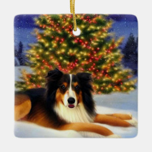 Collie unter Weihnachtsbaum Keramikornament
