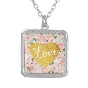 Collier Pêcher Vintage Floral Fake Gold Love Heart Girly