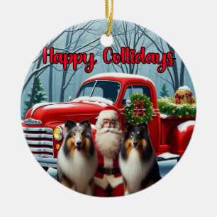 Collies, Weihnachtsmann, roter LKW-Schmuck Keramik Ornament