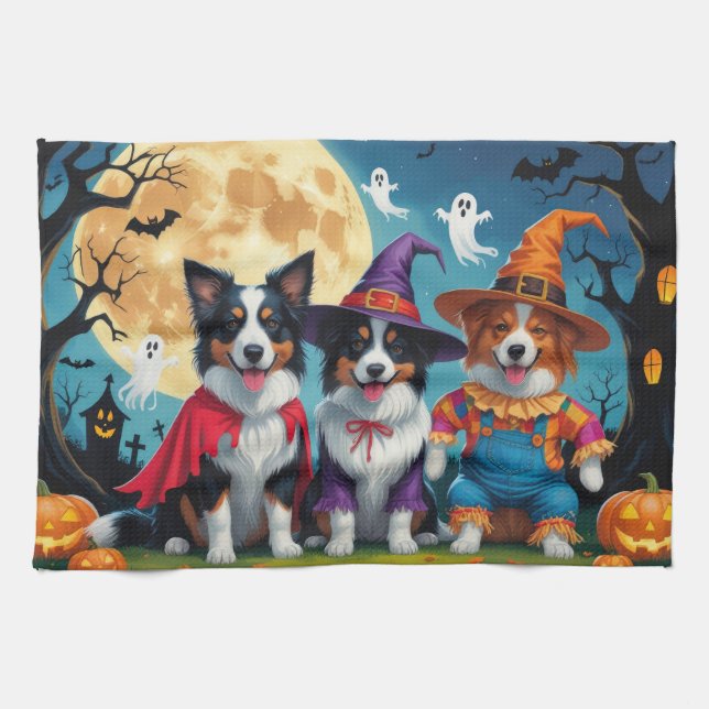 Colliese an der Grenze Hunde Pumpkin Halloween Fun Geschirrtuch (Horizontal)