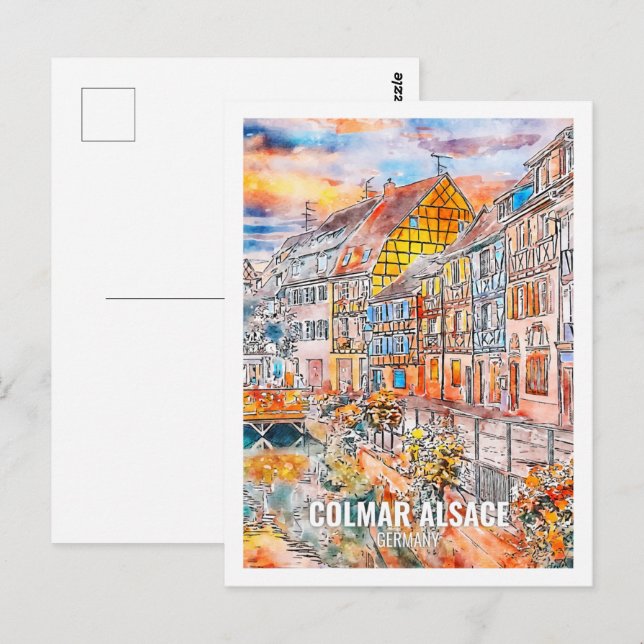 Colmar Alsace Deutschland Reisen Place Wasserfarbe Postkarte (Vorne/Hinten)