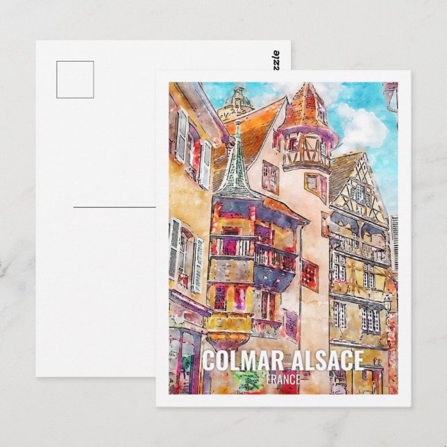 Colmar Alsace Frankreich Reisen Place Watercolor Postkarte (Vorne/Hinten)