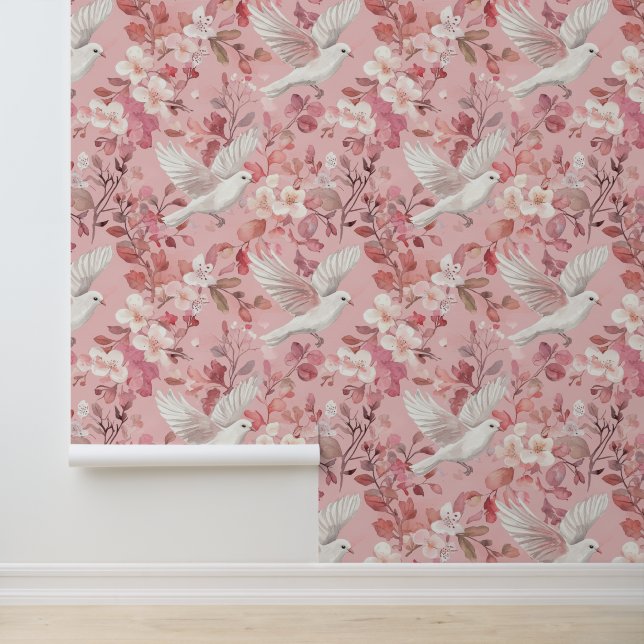 Colombes et fleurs sur fone Rose Tapete (Anwendung)