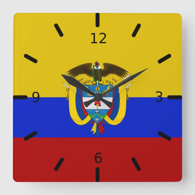 Colombia flag-coat of arms   quadratische wanduhr (Vorderseite)