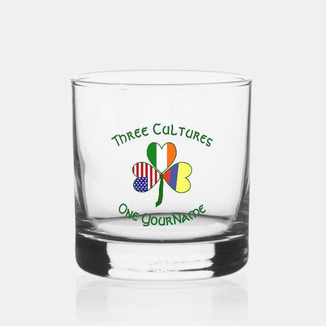 Colombian Irish USA Flags Kleeblatt Personalisiert Whiskyglas (Vorderseite)