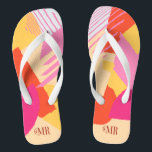 Color Block Wedding Mr. Groom Summer ID740 Flip Flops<br><div class="desc">Abstrakte Farbblockade in einer kühnen Farbpalette aus heißem Rosa, Mandarine Orange und Gelb bietet einen beeindruckenden Hintergrund für die Stücke in dieser zeitgenössischen Hochzeitssuite. Die Flip Flops für den hier gezeigten Bräutigam haben den optionalen Text "MR" in einem kühlen, modernen Schriftart Stil. Anpassen Sie sich einfach an den Alltag, indem...</div>