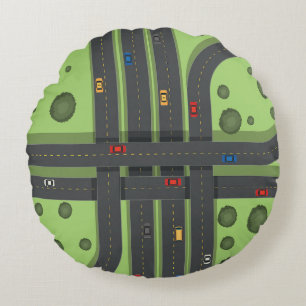 Color Cartoon Highway & Cars Cooler Hintergrund Rundes Kissen