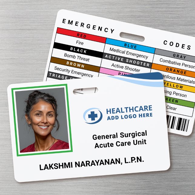 Color Coded Frame Hospital Employee Photo ID Badge Ausweis (Double-sided photo ID badge with custom emergency codes and barcode image)