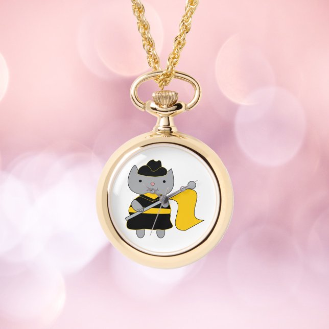Color Guard Gray Cat Black and Yellow Armbanduhr (A watch necklace featuring a cat in a black and yellow color guard uniform.)