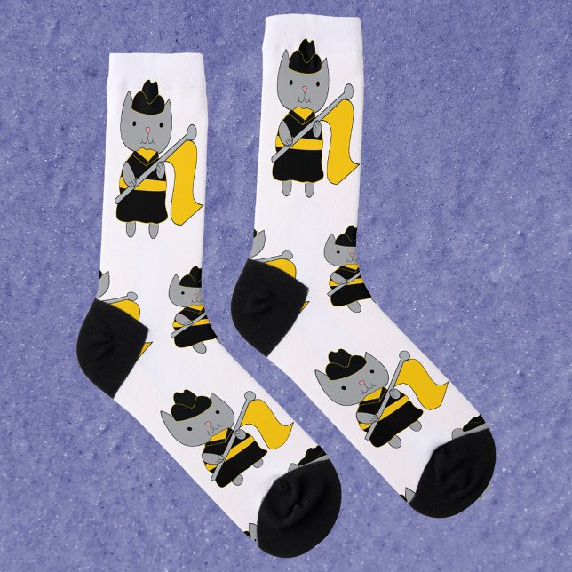 Color Guard Gray Cat Black Yellow Socken (A pair of socks featuring a gray cat wearing a black & yellow color guard uniform with a yellow flag)