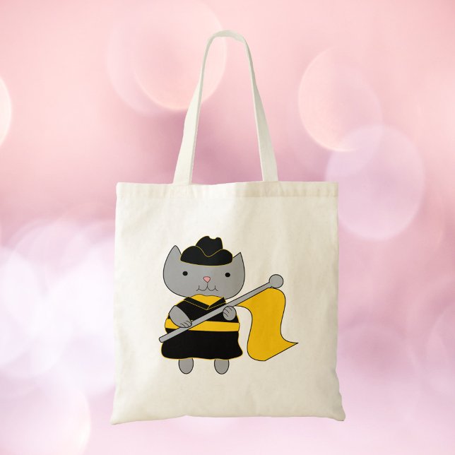 Color Guard Gray Cat Black Yellow Tragetasche (A tote bag featuring a gray cat with black and yellow color guard uniform.)