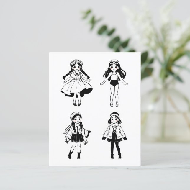 Color Me Page für Kinder | 4 Mädchen (Stehend Vorderseite)