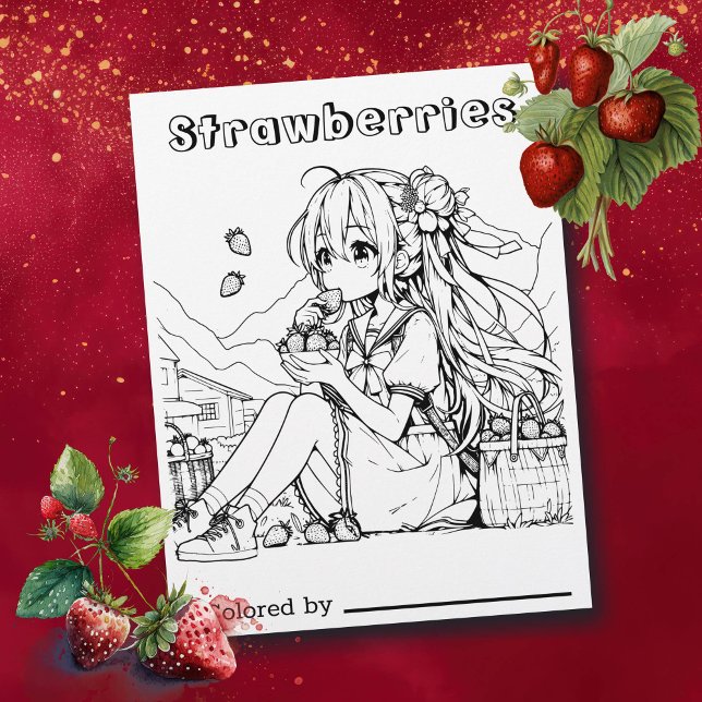 Color Me Page für Kinder | Anime Girl Strawberries (Von Creator hochgeladen)