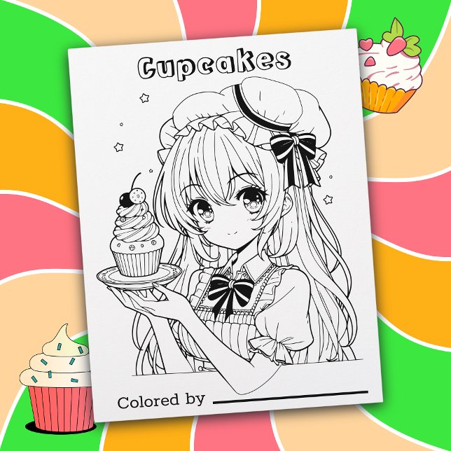 Color Me Page für Kinder | Cupcakes und Anime Girl (Von Creator hochgeladen)