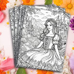 Color-Me-Seite | Hübsche Prinzessin und Schloss Flyer<br><div class="desc">Farbseite in einem märchenhaften Thema. Eine hübsche Prinzessin in einem prächtigen fließenden Gewand vor Schlössern.</div>