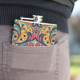 Color Symphony Mandala – Bold Psychedelic Floral Flachmann