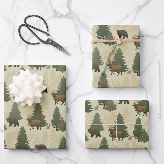 Colorado Forest Bears Elk Rabbits Nattern Muster Geschenkpapier Set (Vorderseite)