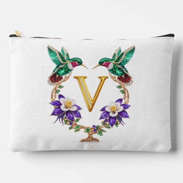 Colorado Kolibri & Akelei Buchstabe V Hochzeit Zubehörtasche (Vorderseite)