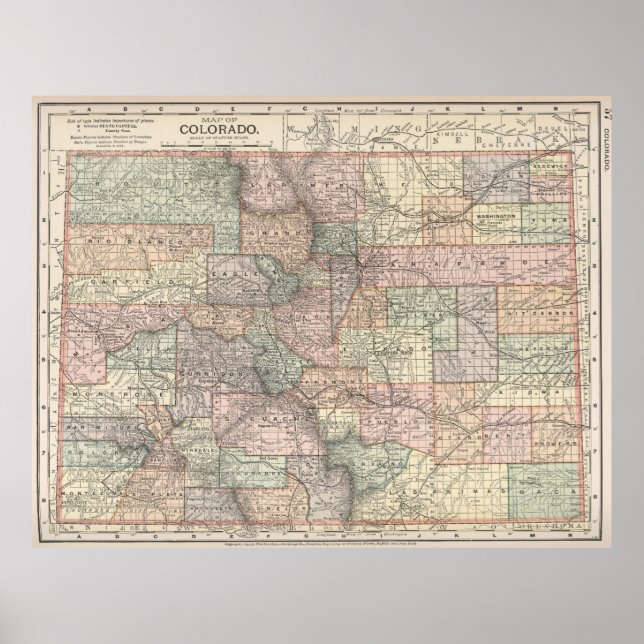 Colorado Map mit Städten und Landkreisen (1891) Poster (Vorne)