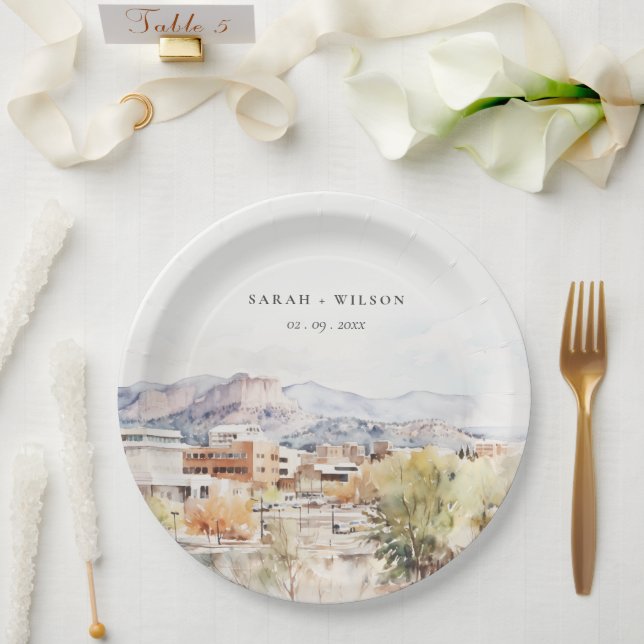 Colorado Springs, Colorado Watercolor Wedding Pappteller (Hochzeit)